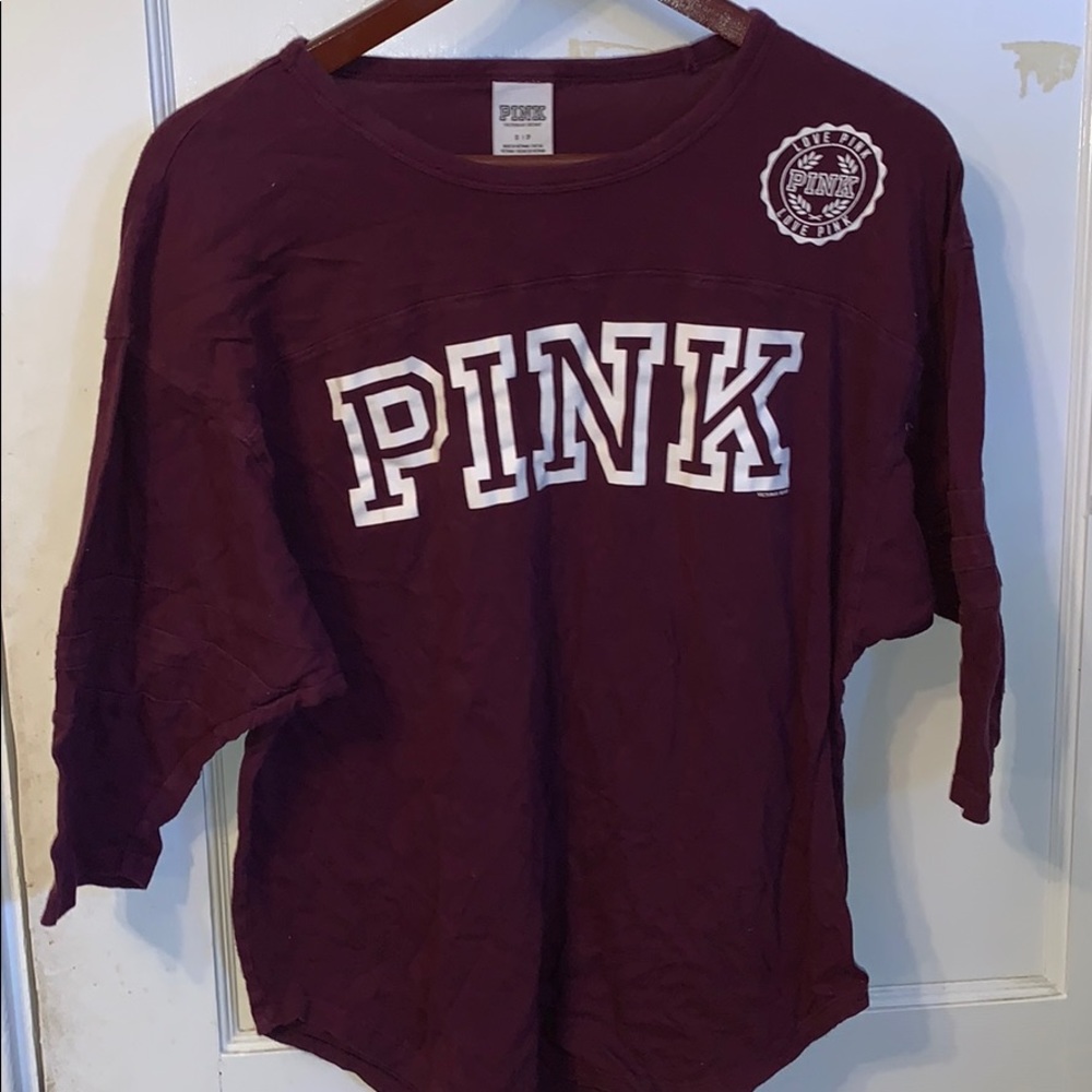 VS PINK 3/4 Sleeve Campus Tee Burgundy Logo Small